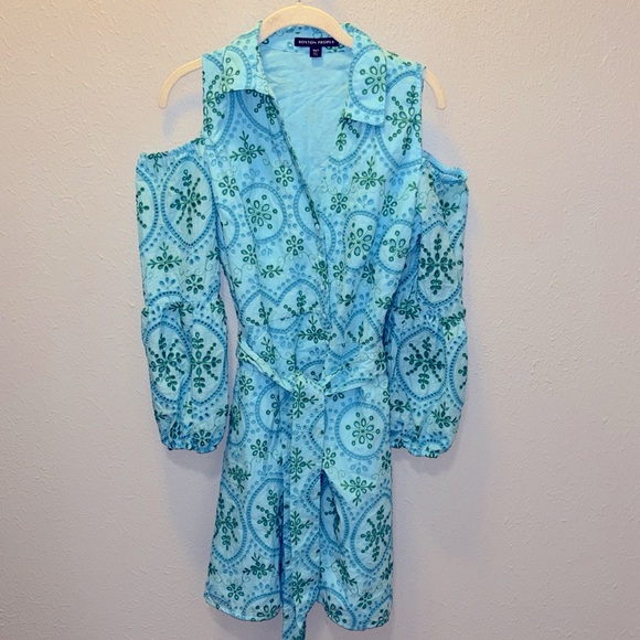 Boston Proper Blue Green Eyelet Dress Balloon Sleeve Women’s Size Small - Picture 2 of 11